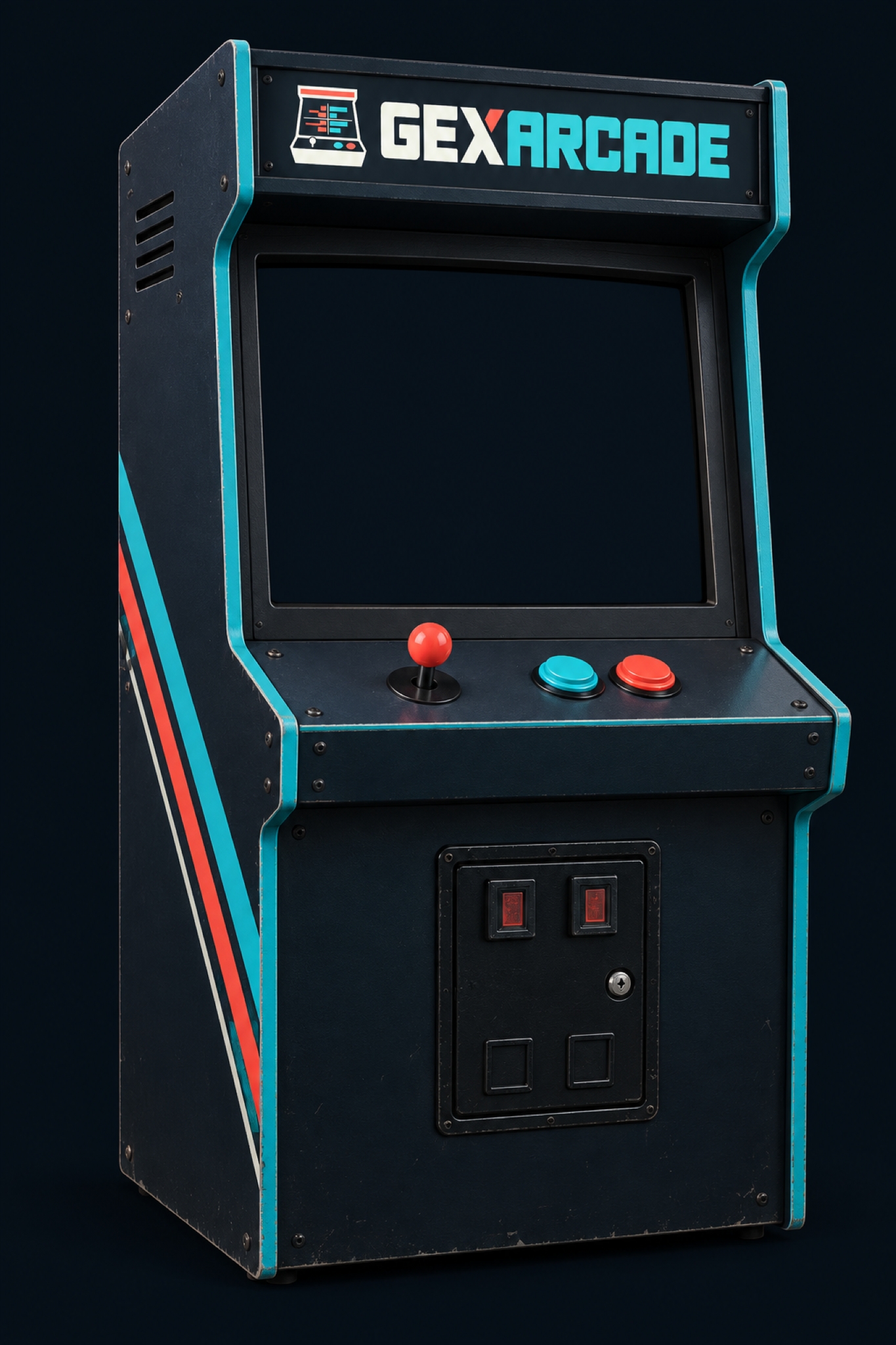 GEXARCADE cabinet with a coral joystick, turquoise trim and two buttons.
